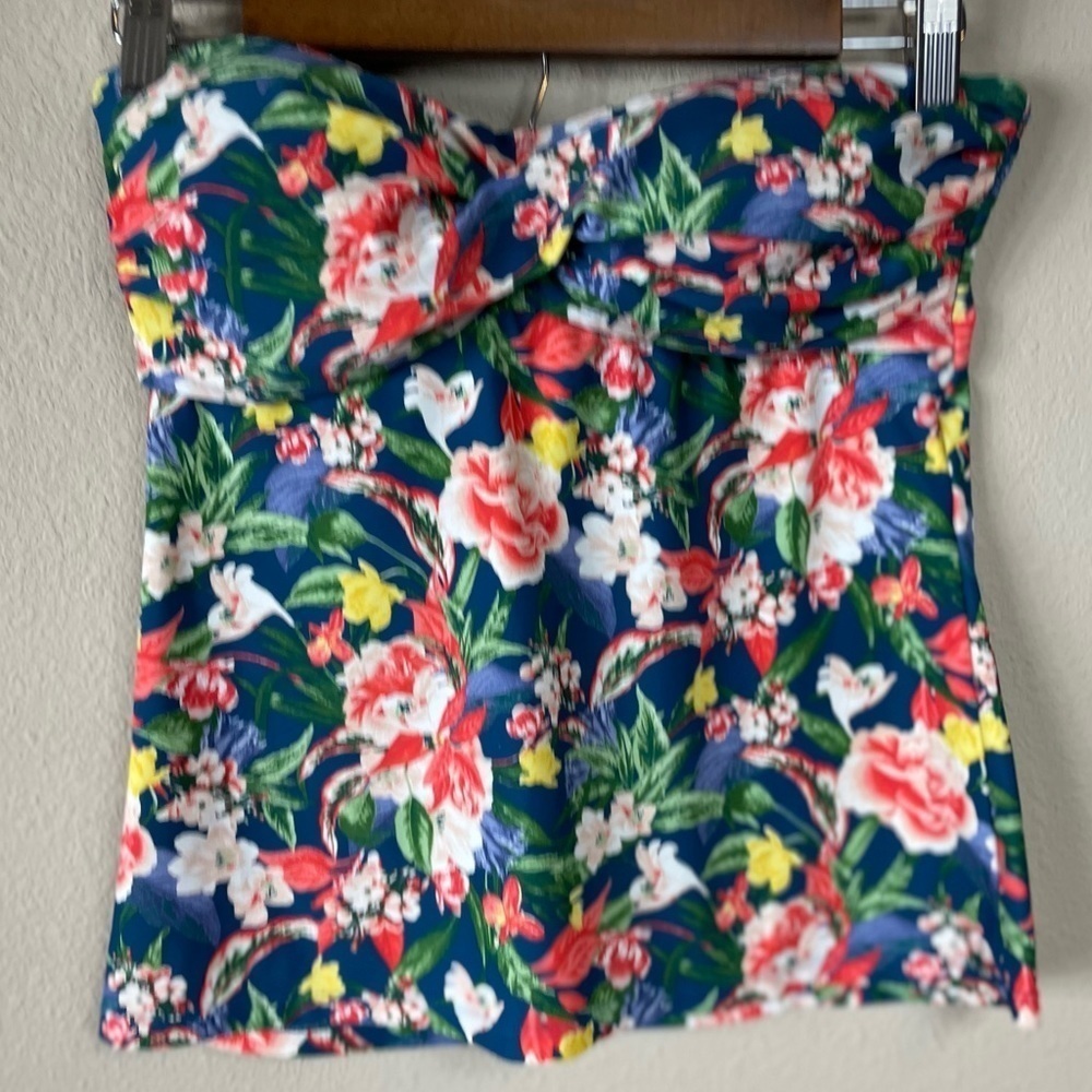 Ellen Tracy Blue Floral Strapless Padded Tankini Swim Top, Sz 8